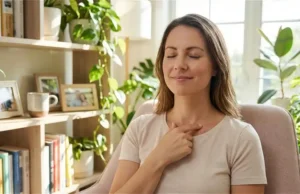 Woman in office tapping